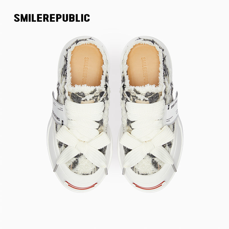 Black and White Herringbone Platform Sneaker Mules with Interchangeable Laces