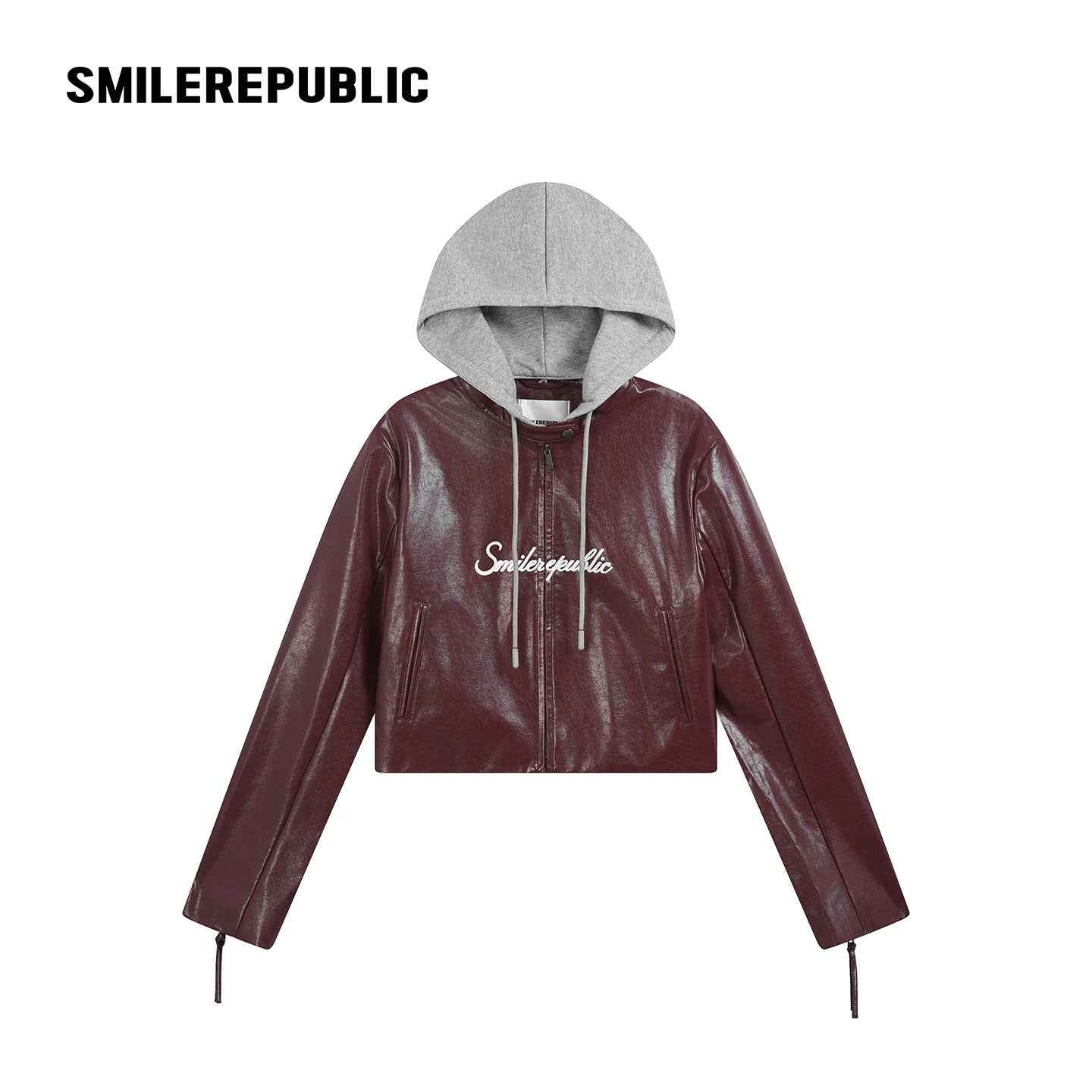 Cherry Red / Black Layered Hooded PU Leather Jacket