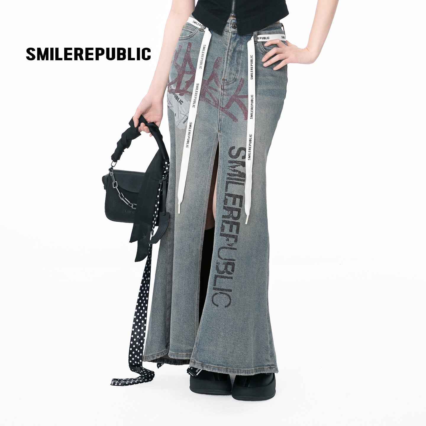 Slit Fishtail Graffiti Denim Skirt
