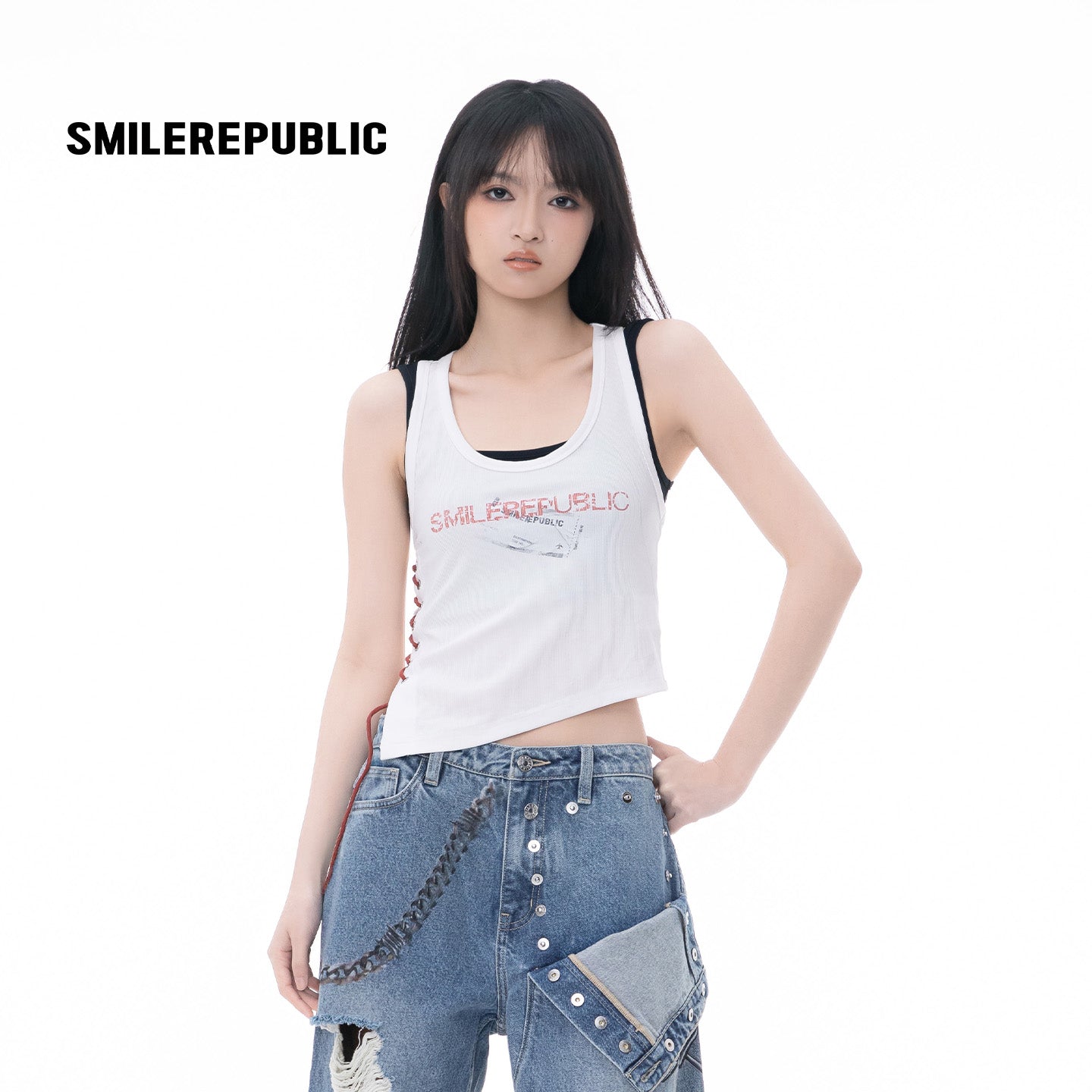 Faux Layered Tie-Front Tank Top