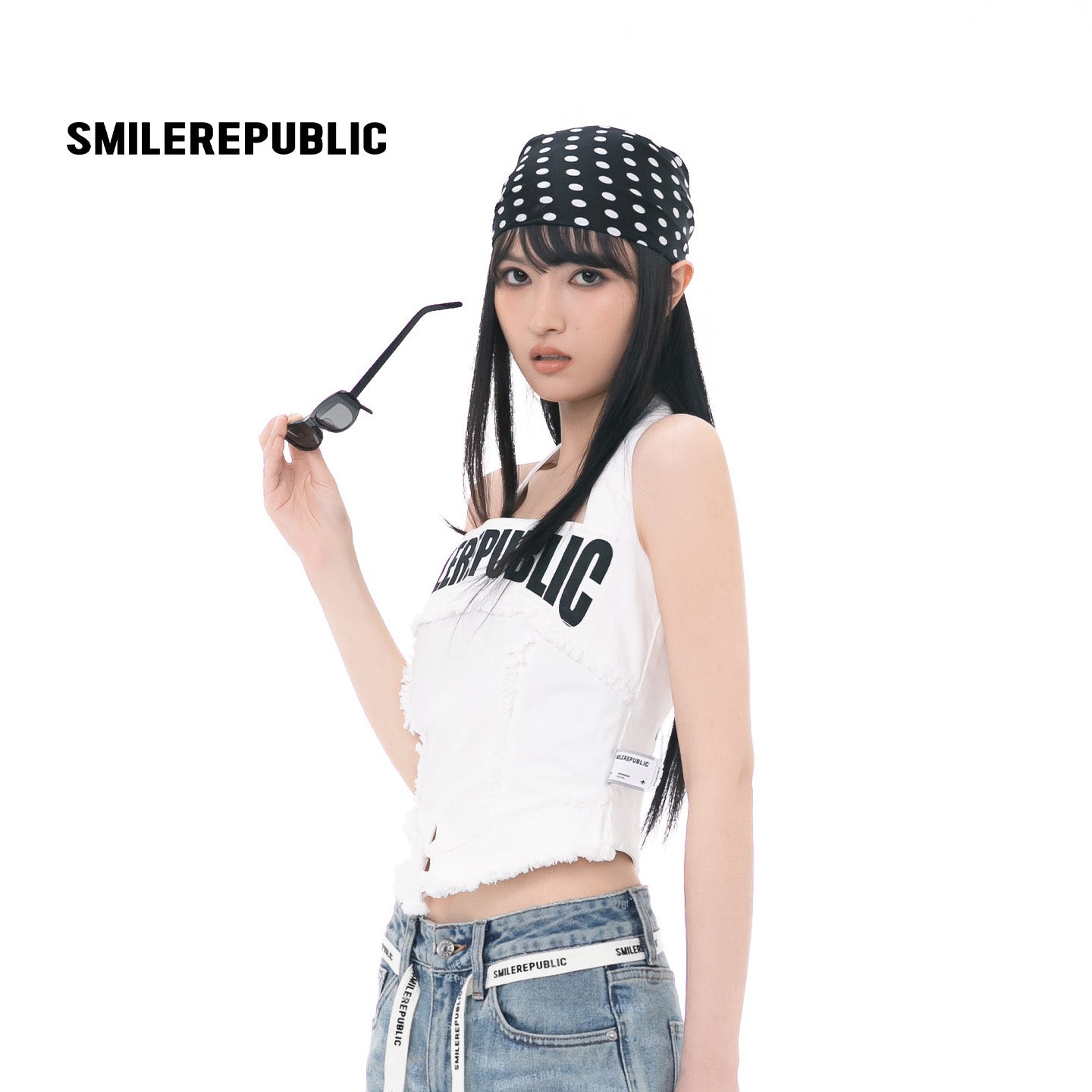 Graphic Halter Denim Top-SMILEREPUBLIC
