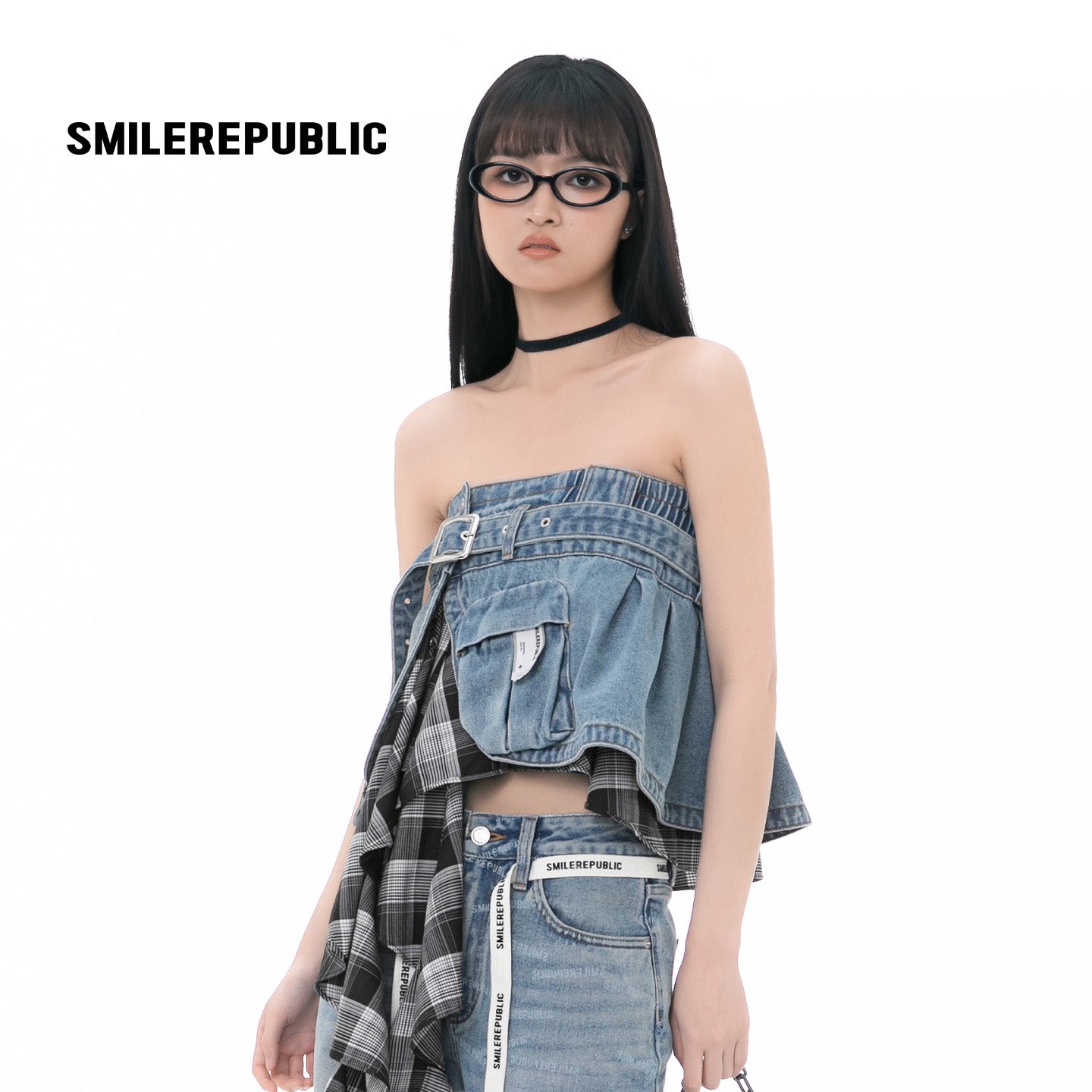 Deconstructed Pleated Denim Strapless Skirt / Top-SMILEREPUBLIC