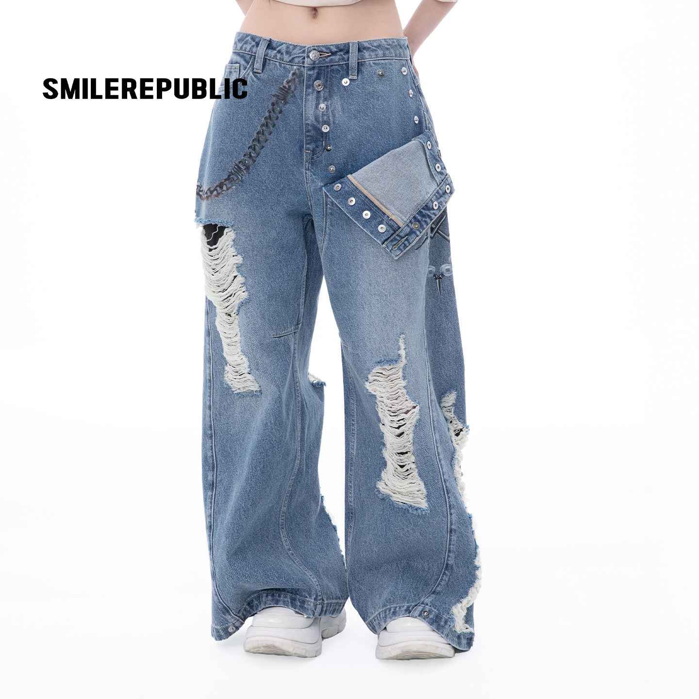 Chain Print Distressed Wide-Leg Jeans