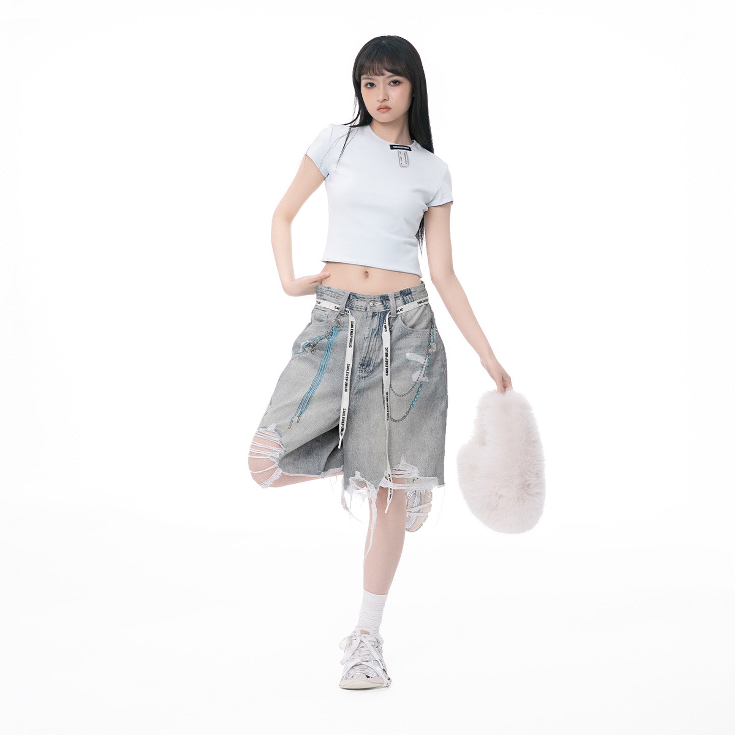 Chain Graphic Denim Shorts-SMILEREPUBLIC