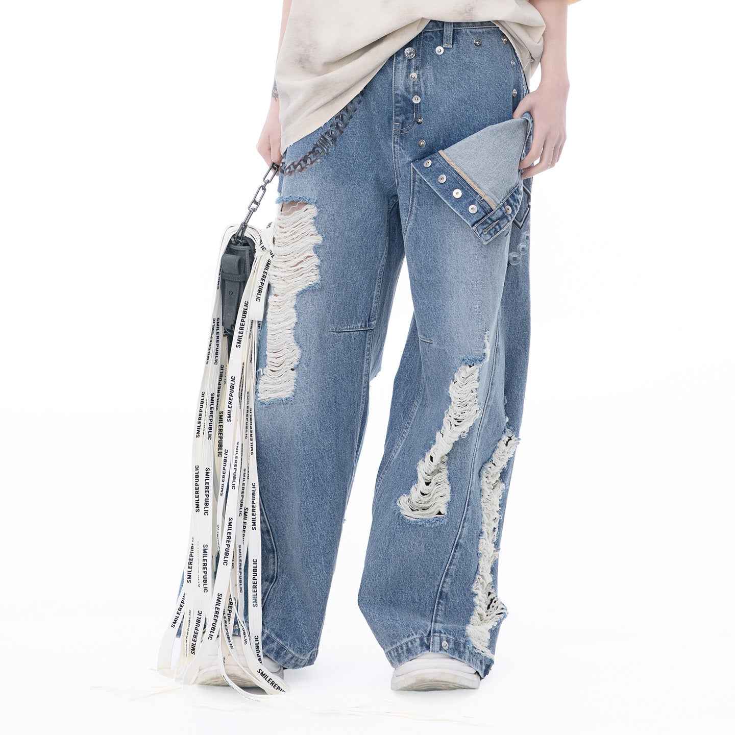 Chain Print Distressed Wide-Leg Jeans