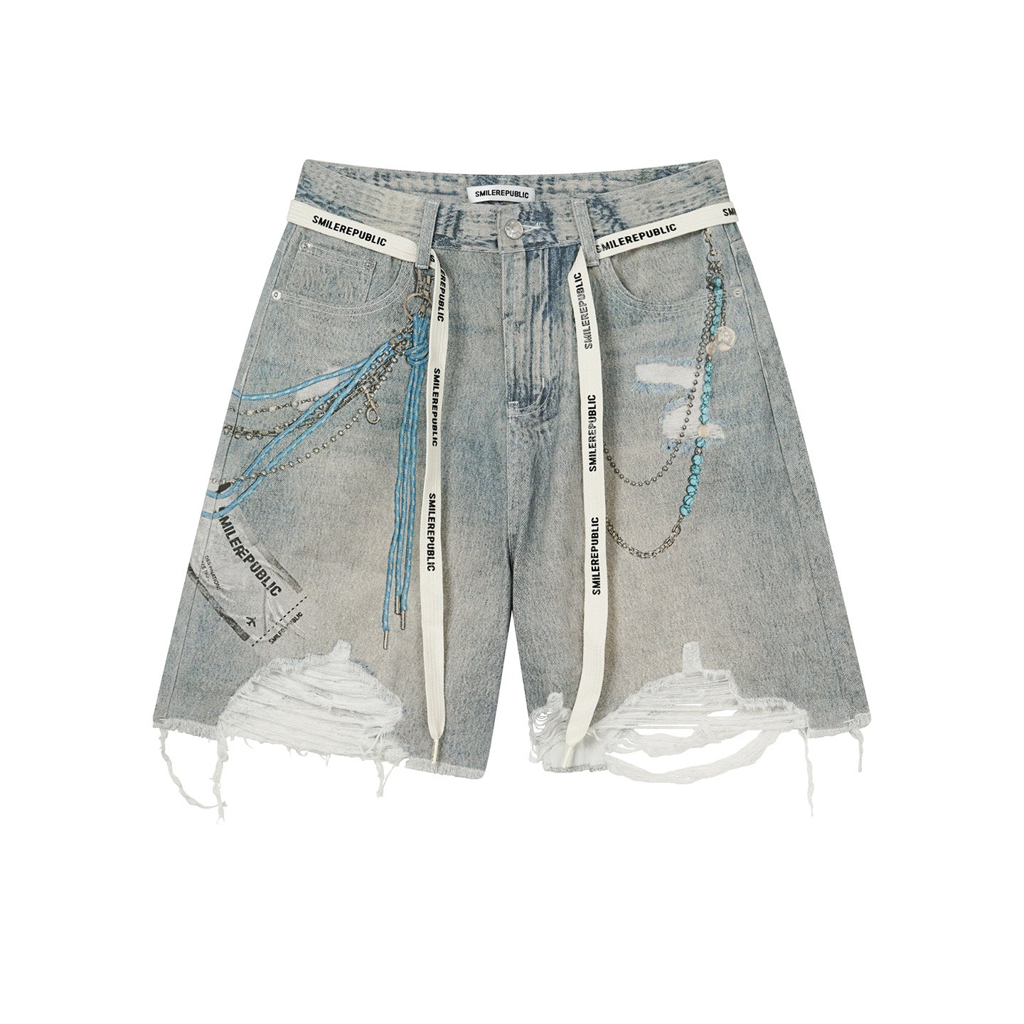 Chain Graphic Denim Shorts-SMILEREPUBLIC