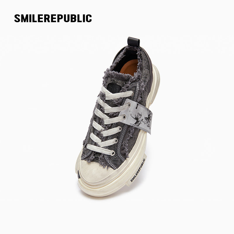 Gray Fringe Fabric Low-Top Platform Sneakers with Rubber Sole