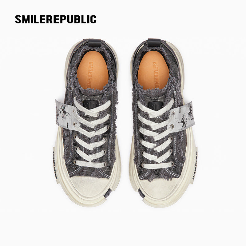Gray Fringe Fabric Low-Top Platform Sneakers with Rubber Sole