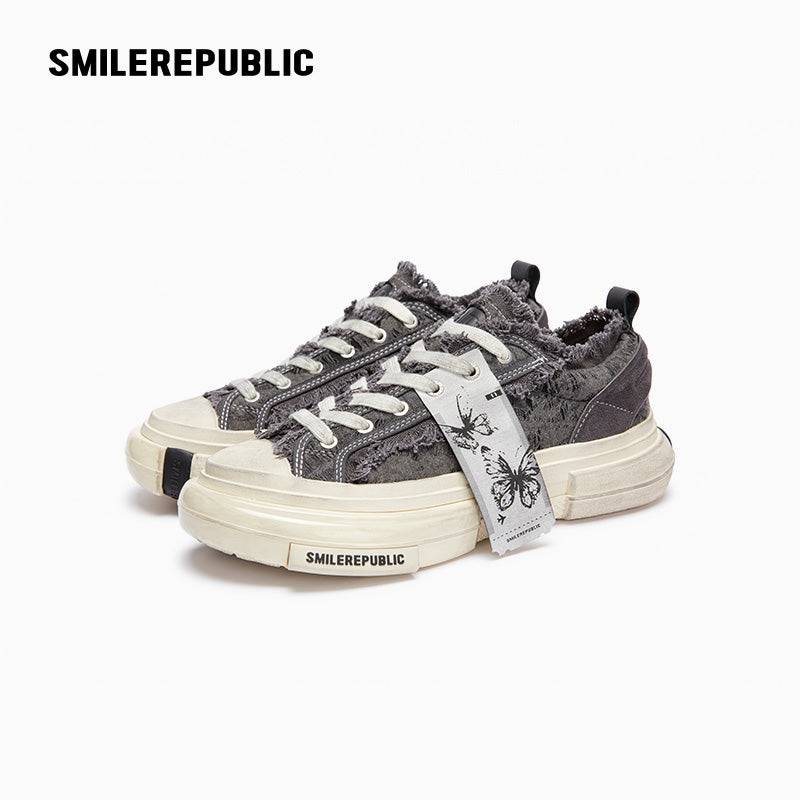 Gray Fringe Fabric Low-Top Platform Sneakers with Rubber Sole