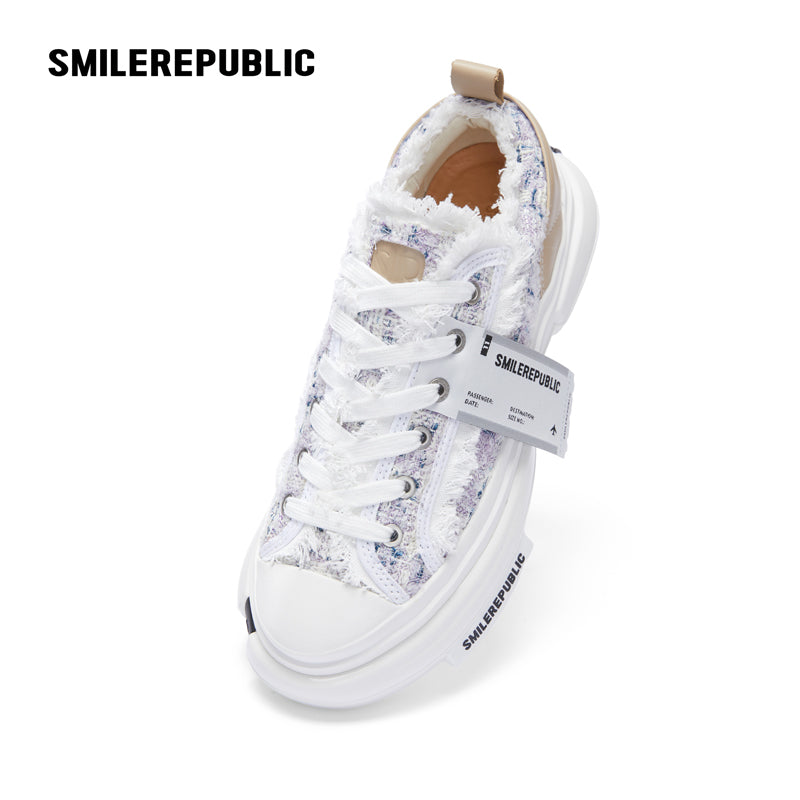 Lavender Plaid Wool Low-Top Platform Sneakers with Rubber Sole