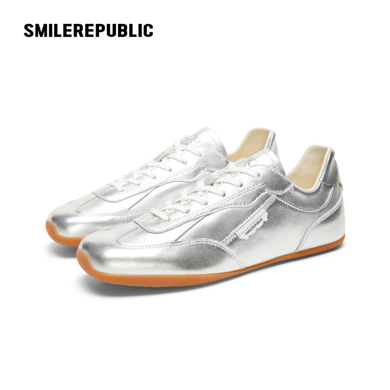 Fouette Silver Square-Toe Side Bow German Trainer Sneaker