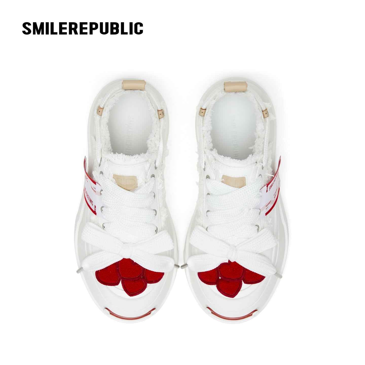 Cream Heart Patch Frayed Low Top Platform Sneakers, Unisex Lace Up Shoes