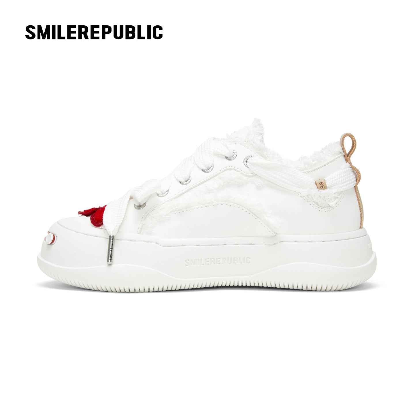 Cream Heart Patch Frayed Low Top Platform Sneakers, Unisex Lace Up Shoes