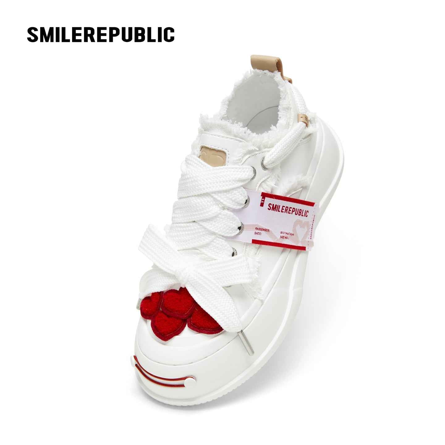 Cream Heart Patch Frayed Low Top Platform Sneakers, Unisex Lace Up Shoes
