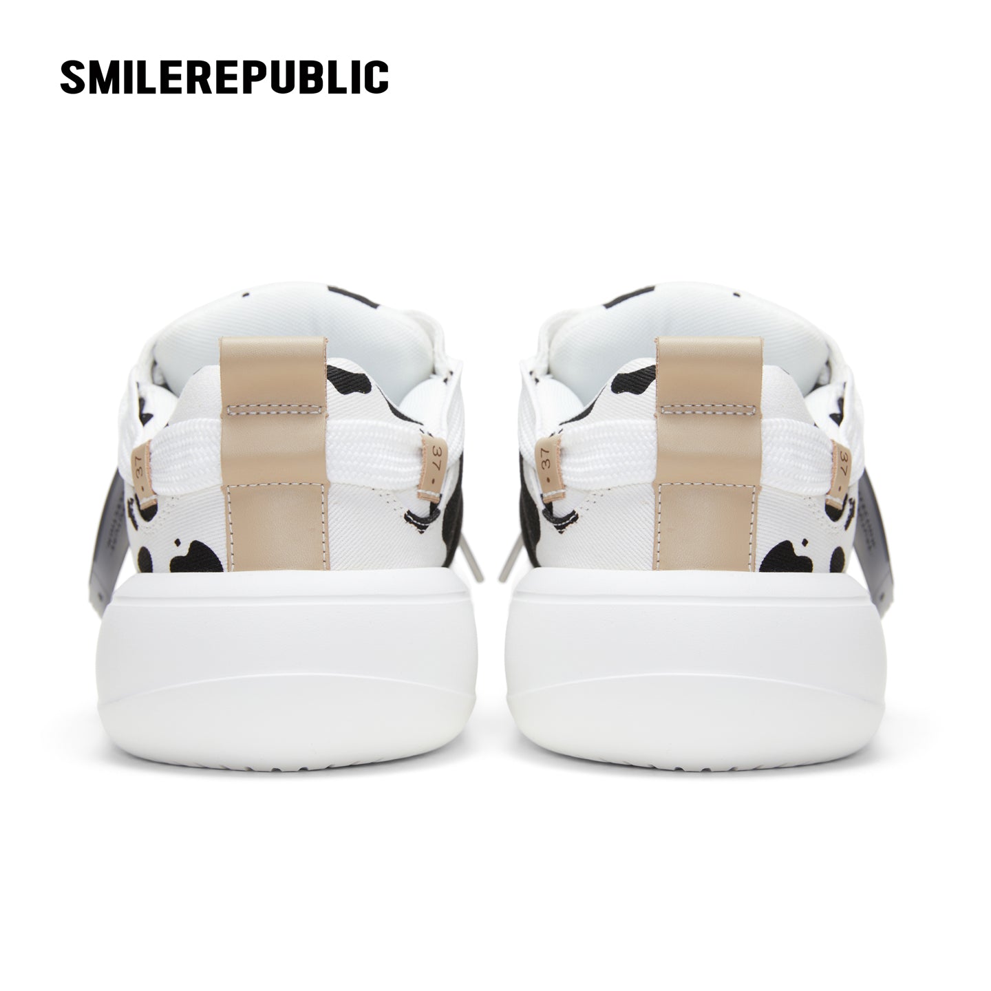 Black White Cow Print Twill Platform Sneakers, Unisex Lace Up Shoes