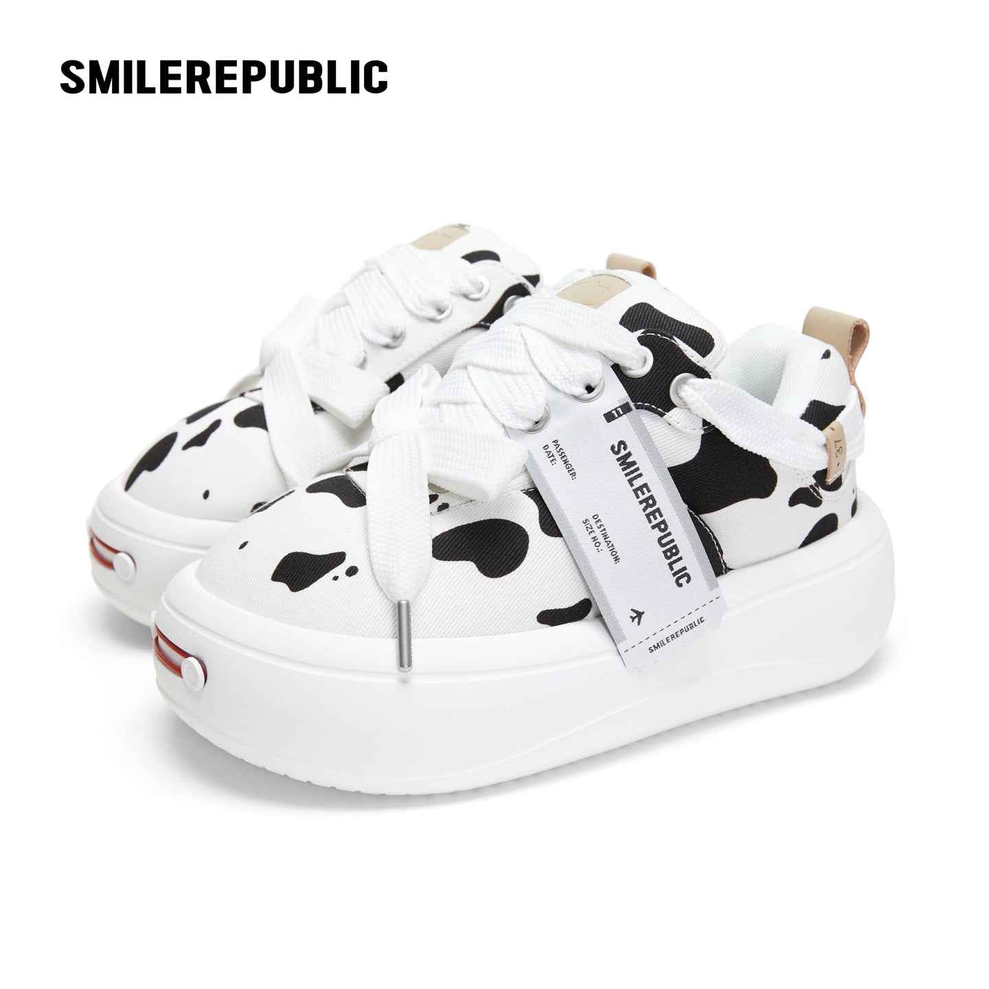 Black White Cow Print Twill Platform Sneakers, Unisex Lace Up Shoes