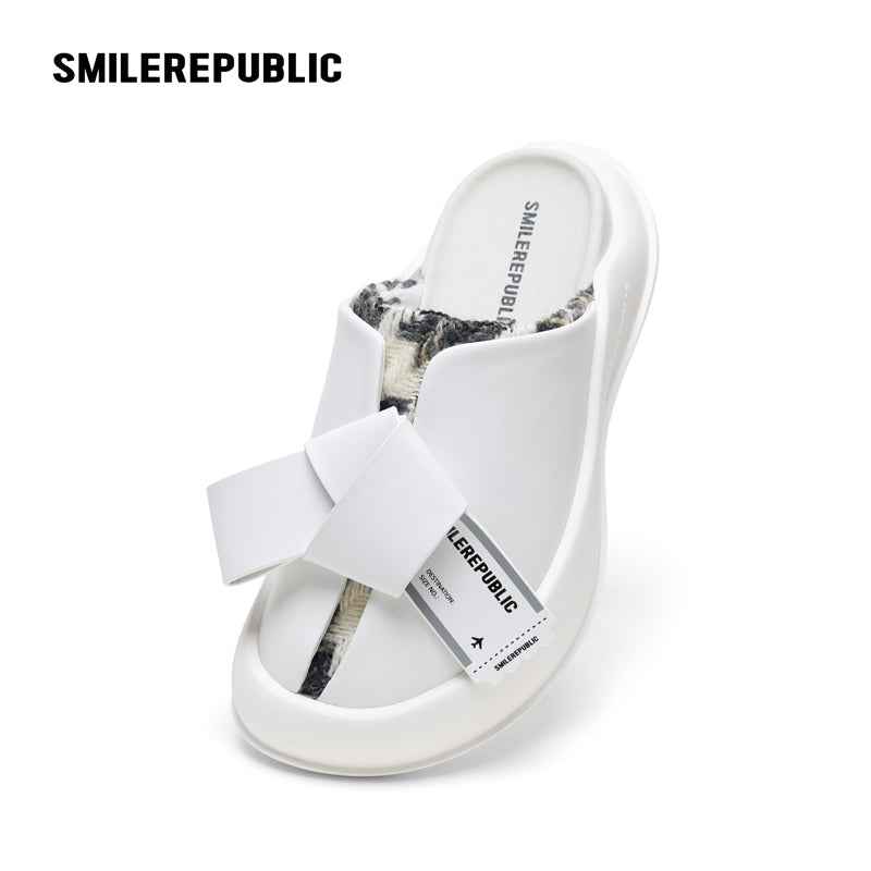 White Bow Platform Slides, Slip On Open Back Sandal Mules