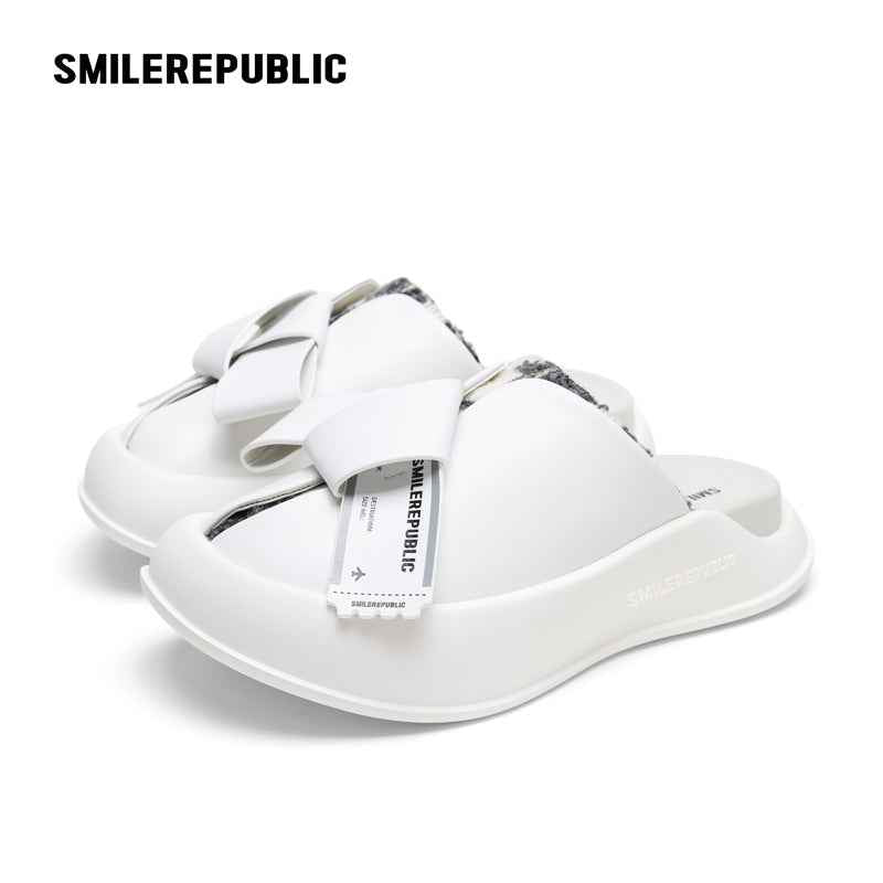 White Bow Platform Slides, Slip On Open Back Sandal Mules