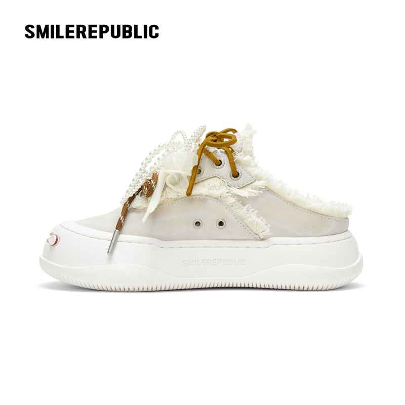 White Cowhide Leather Backless Platform Sneaker Mules
