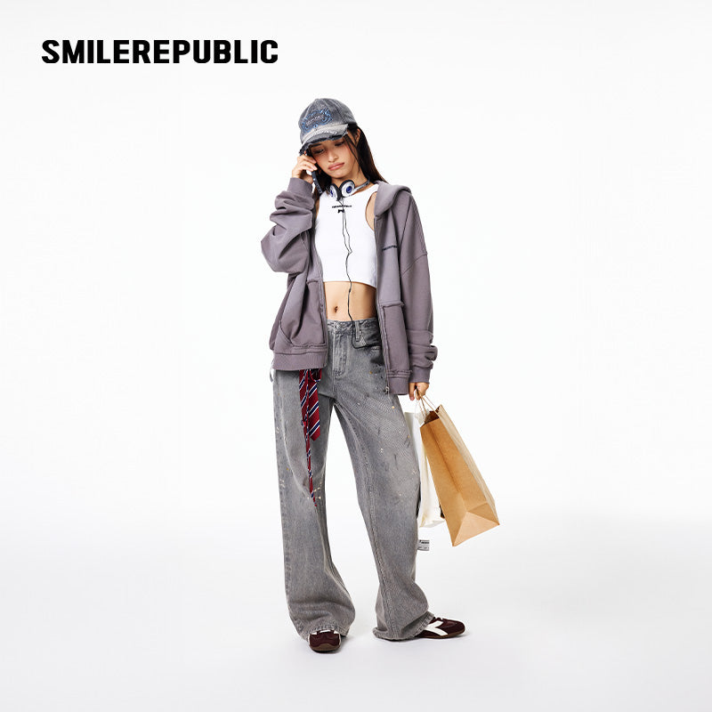 Vintage Faded Distressed Zip-Up Hoodie Jacket-SMILEREPUBLIC