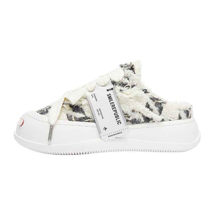 Black White Frayed Herringbone Platform Sneaker Mules, Unisex Backless Lace Up Shoes