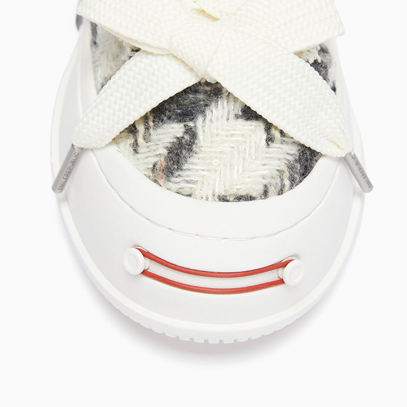 Black and White Herringbone Platform Sneaker Mules with Interchangeable Laces