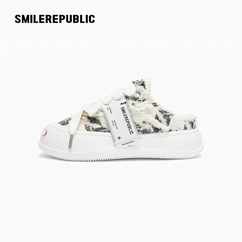 Black and White Herringbone Platform Sneaker Mules with Interchangeable Laces