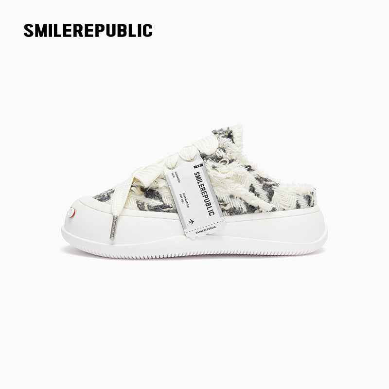 Black and White Herringbone Platform Sneaker Mules with Interchangeable Laces