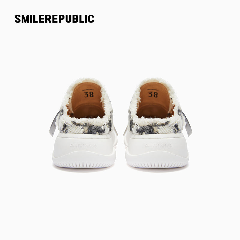 Black and White Herringbone Platform Sneaker Mules with Interchangeable Laces