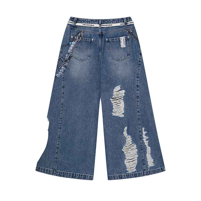Chain Print Distressed Wide-Leg Jeans