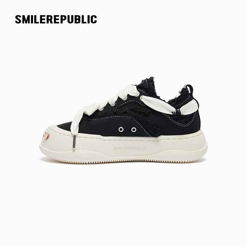 Black Frayed Canvas Platform Sneakers, Unisex Low Top Lace Up Shoes