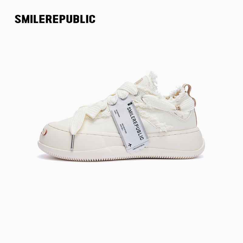 White Frayed Canvas Platform Sneakers, Unisex Low Top Lace Up Shoes