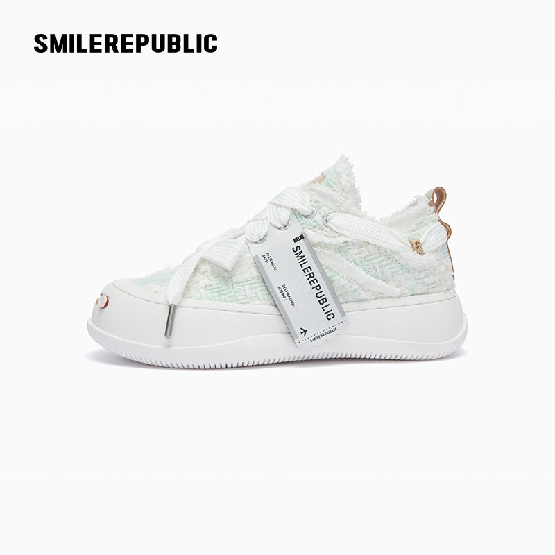 Light Cyan Plaid Tweed Low Top Platform Sneaker