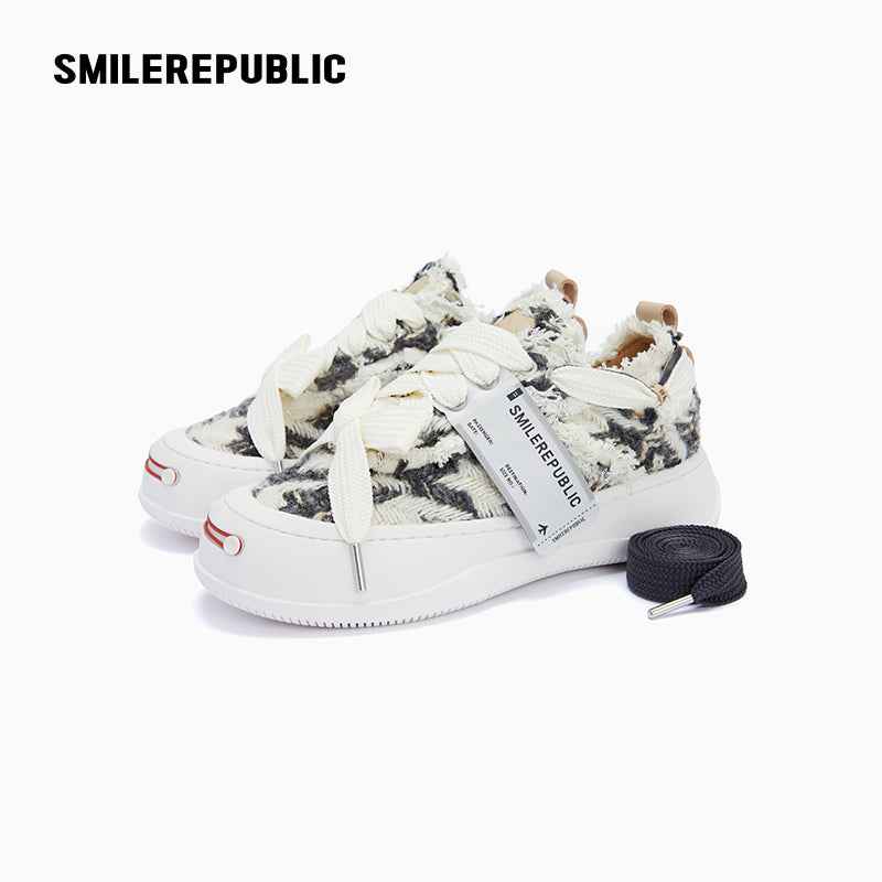Black and Cream Frayed Tweed Platform Sneakers for Men and Women, Low Top Lace Up Shoes
