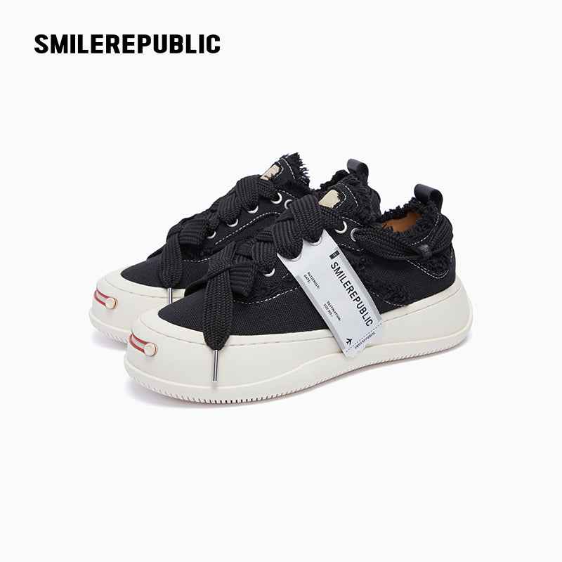 Black Frayed Canvas Platform Sneakers, Unisex Low Top Lace Up Shoes
