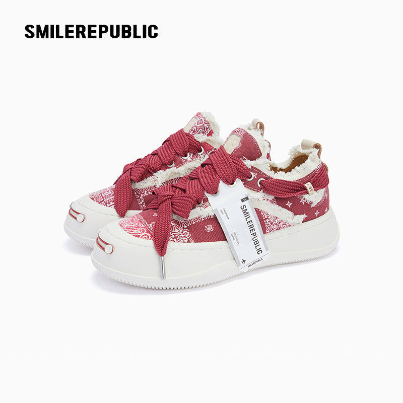 Red Paisley Frayed Canvas Platform Low-Top Sneaker