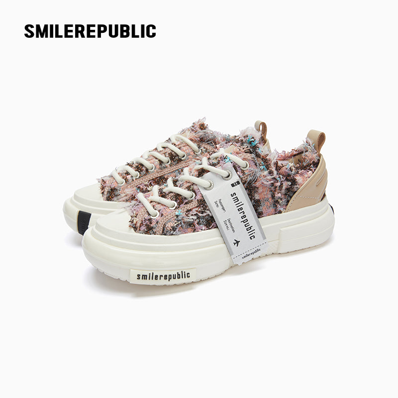 Purple Floral Tweed Low-Top Platform Sneakers with Rubber Sole