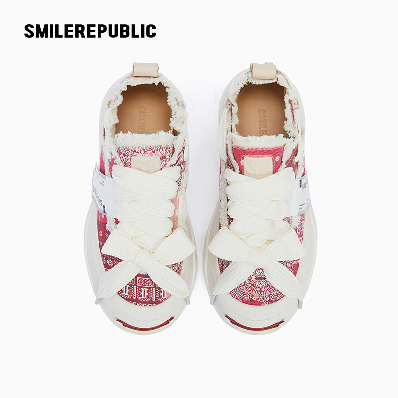 Red Paisley Frayed Canvas Platform Low-Top Sneaker
