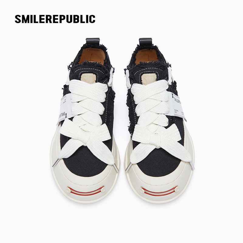 Black Frayed Canvas Platform Sneakers, Unisex Low Top Lace Up Shoes