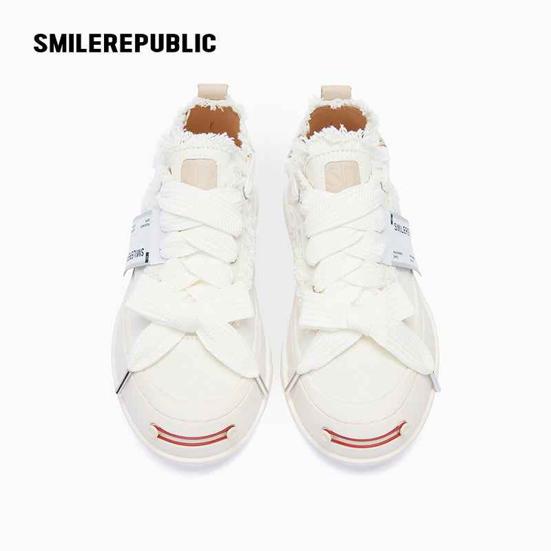 White Frayed Canvas Platform Sneakers, Unisex Low Top Lace Up Shoes
