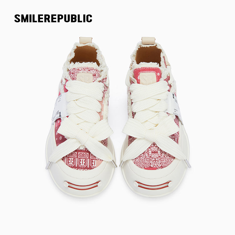 Red Paisley Frayed Canvas Platform Low-Top Sneaker