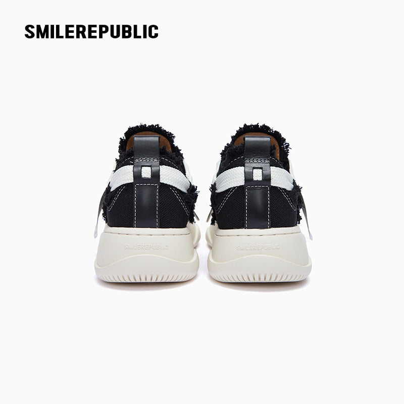 Black Frayed Canvas Platform Sneakers, Unisex Low Top Lace Up Shoes