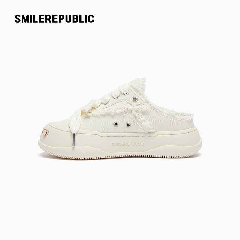 White Frayed Canvas Platform Sneaker Mules, Unisex Backless Lace Up Shoes