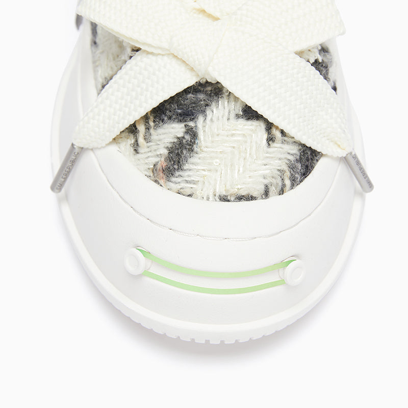 Black and White Herringbone Platform Sneaker Mules with Interchangeable Laces