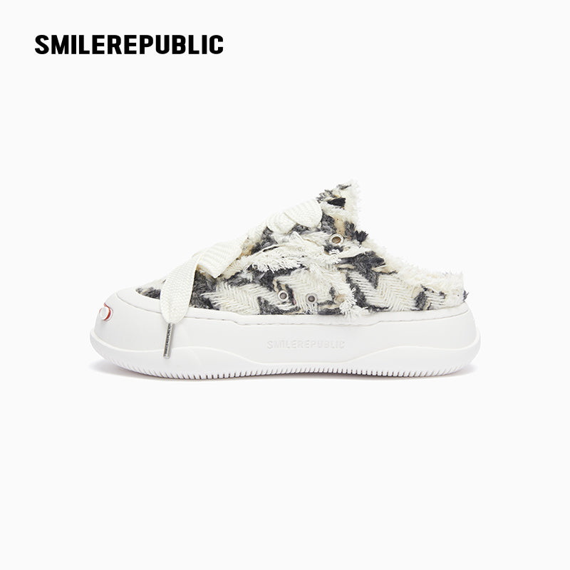 Black and White Herringbone Platform Sneaker Mules with Interchangeable Laces