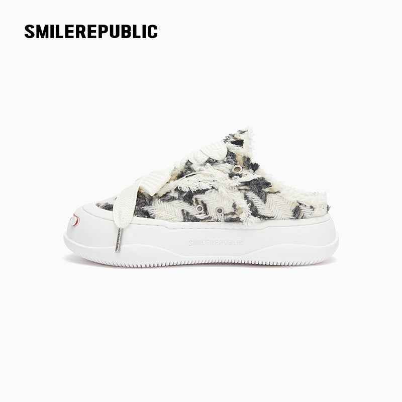 Black and White Herringbone Platform Sneaker Mules with Interchangeable Laces