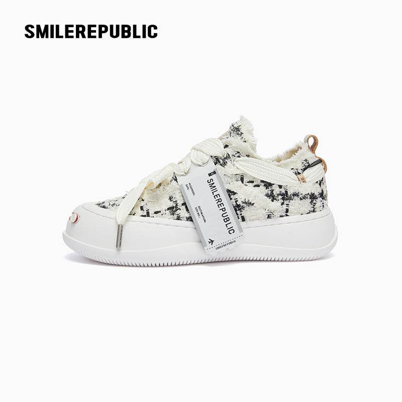 Black & White Plaid Tweed Low-Top Platform Sneaker-SMILEREPUBLIC