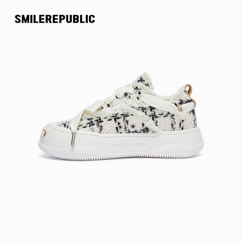 Black & White Plaid Tweed Low-Top Platform Sneaker-SMILEREPUBLIC