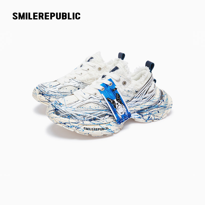 Silver & Blue Mesh Low-Top Chunky Dad Sneakers with Ink Splash Print