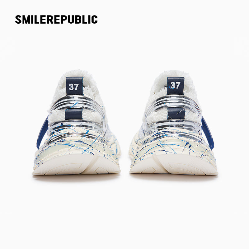 Silver & Blue Mesh Low-Top Chunky Dad Sneakers with Ink Splash Print